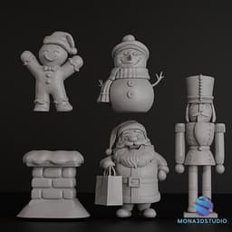 Set of 5 Printable 3D Christmas Decoration Models - Chimney, Santa, Nutcracker, Gingerbread Man, and 3d model