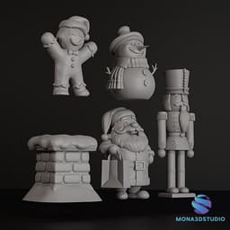 Set of 5 Printable 3D Christmas Decoration Models - Chimney, Santa, Nutcracker, Gingerbread Man, and 3d model