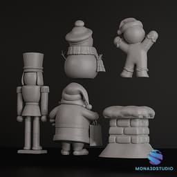 Set of 5 Printable 3D Christmas Decoration Models - Chimney, Santa, Nutcracker, Gingerbread Man, and 3d model