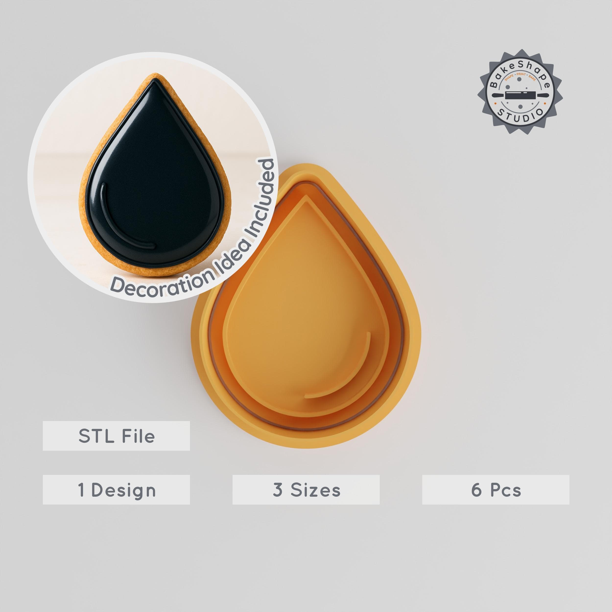 Drop Shape Cutter & Stamp, Cookie & Fondant Tool Set, Oil Drop Design, Sizes S/M/L, 6-Piece Collection PRODUCT_76 3d model