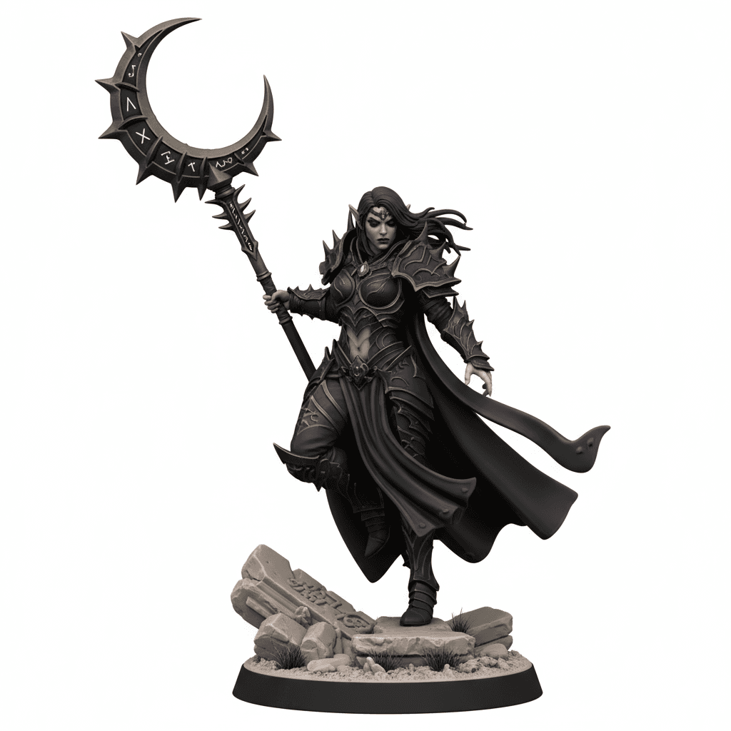 Female Dark Elf Moon Staff Detailed STL Download 3d model