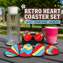 Summer Heart Coaster Set | Retro Flower Child Coasters with Matching Holder 3d model