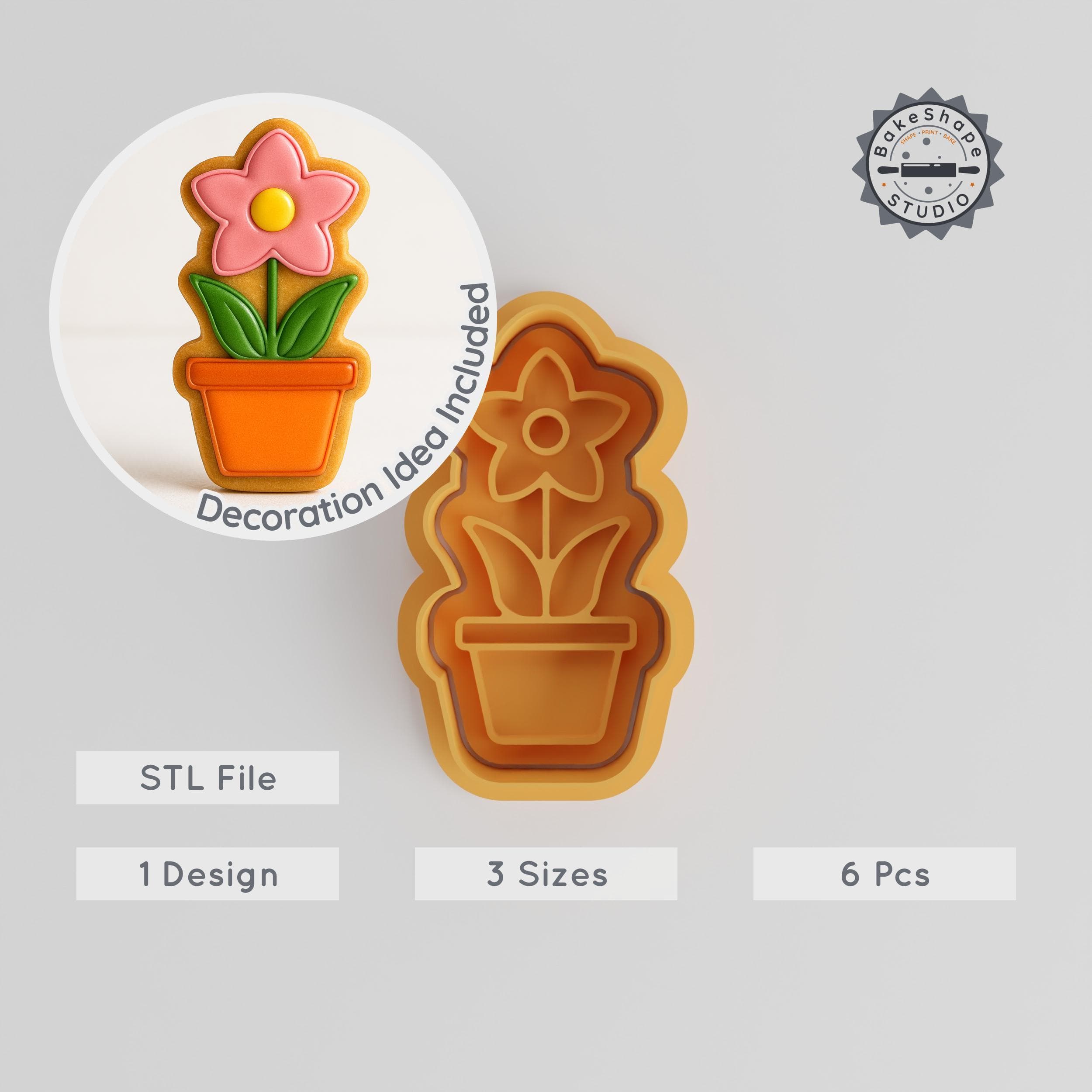 Potted Lotus Shape Cutter & Stamp Set, Flower Pot Cookie & Fondant Tool, Garden Lotus Designs, 3 Sizes, S/M/L PRODUCT_393 3d model