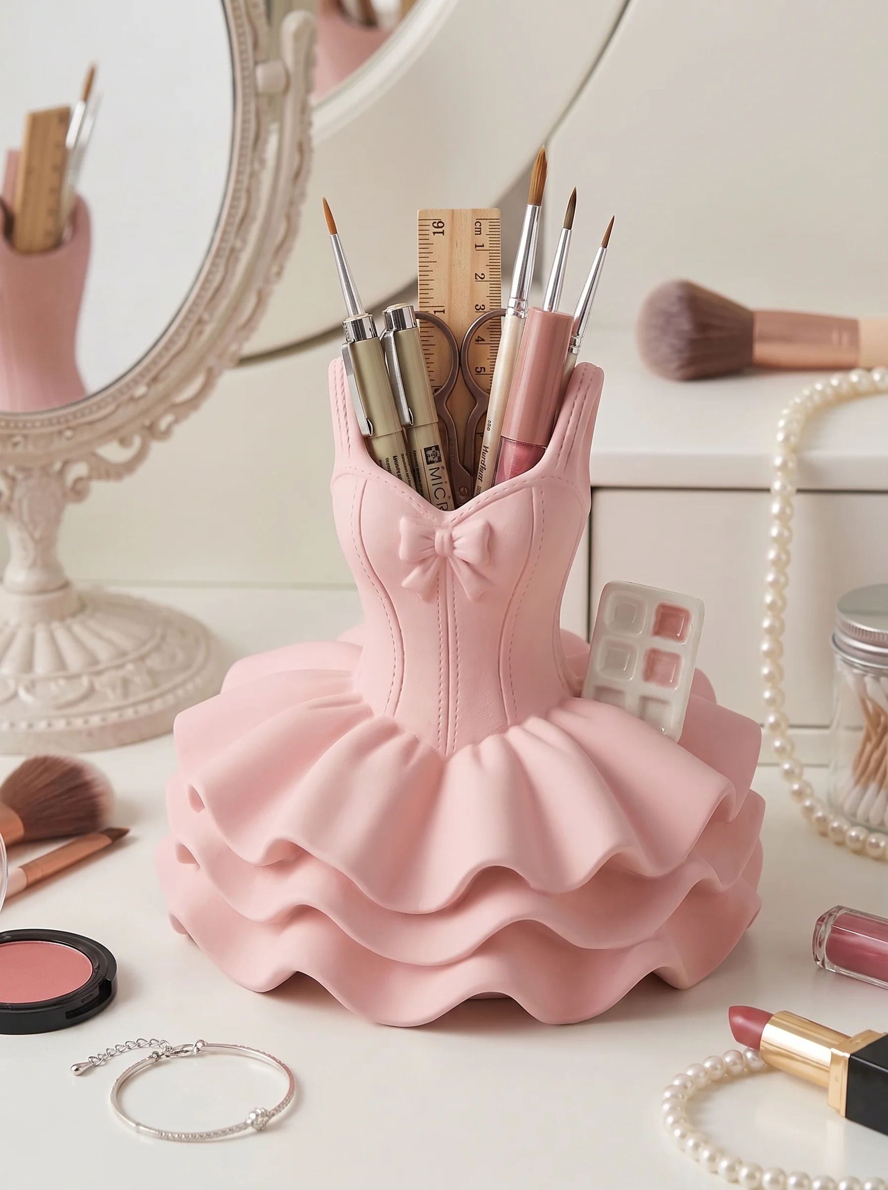 Whimsical Ballet Dress Vanity Cup - Elegant Ruffled Tutu Makeup Brush & Pen Holder 3d model