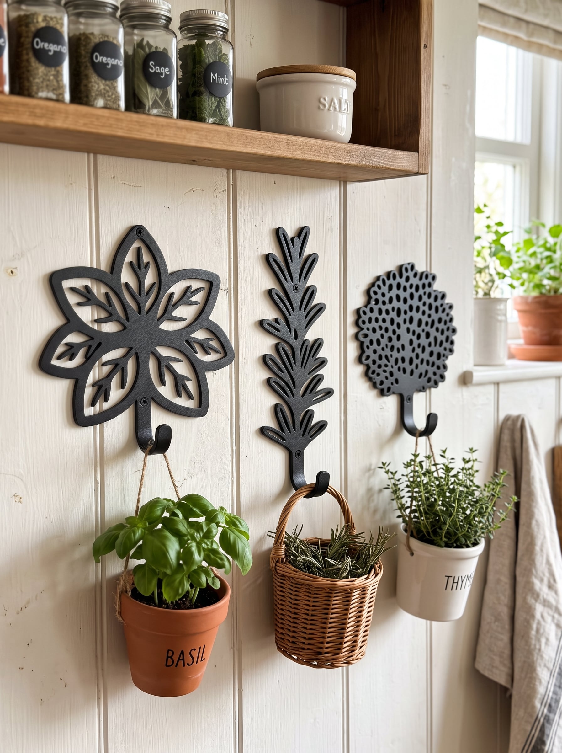 Botanical Herb Kitchen Wall Hooks - Elegant Cast Iron Style Utensil & Apron Hangers 3d model