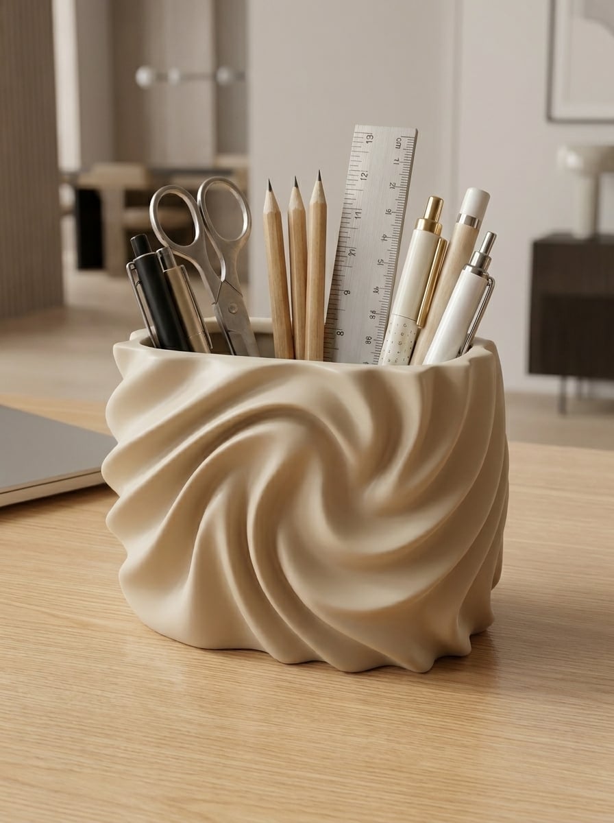 Organic Swirl Desk Organizer | Sculptural Wavy Pencil Cup & Stationery Holder 3d model