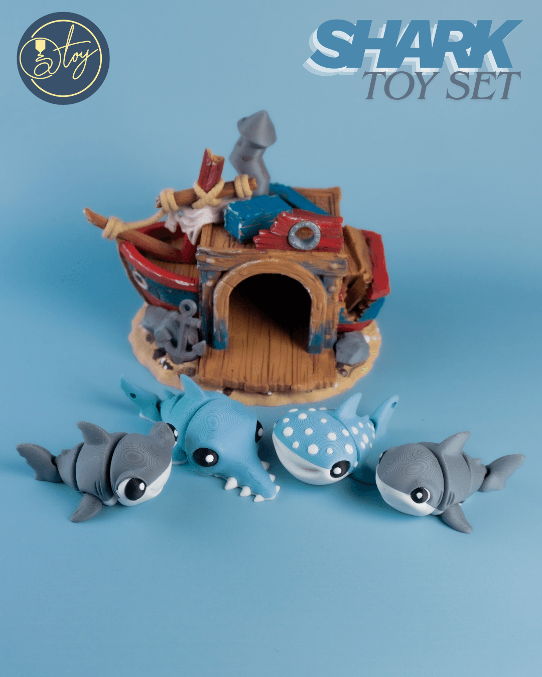 Articulated Shark Set & Sunken Ship House 3d model