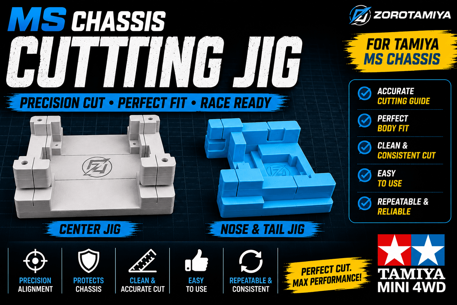 MS Chassis Cutting Jig Set | Center Jig + Nose & Tail Jig for Tamiya Mini 4WD 3d model
