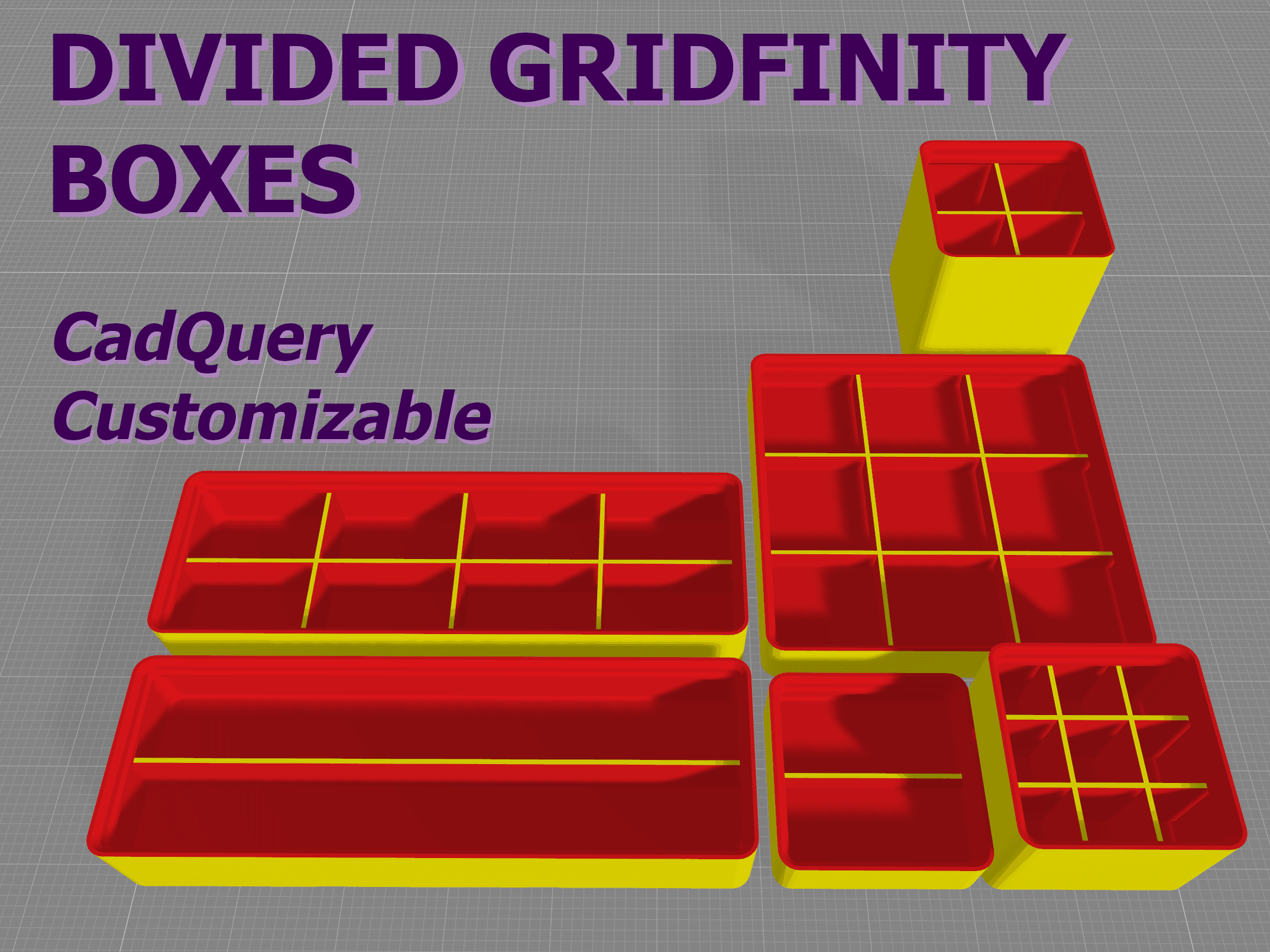 Divided Gridfinity Boxes (CadQuery Customizable) 3d model