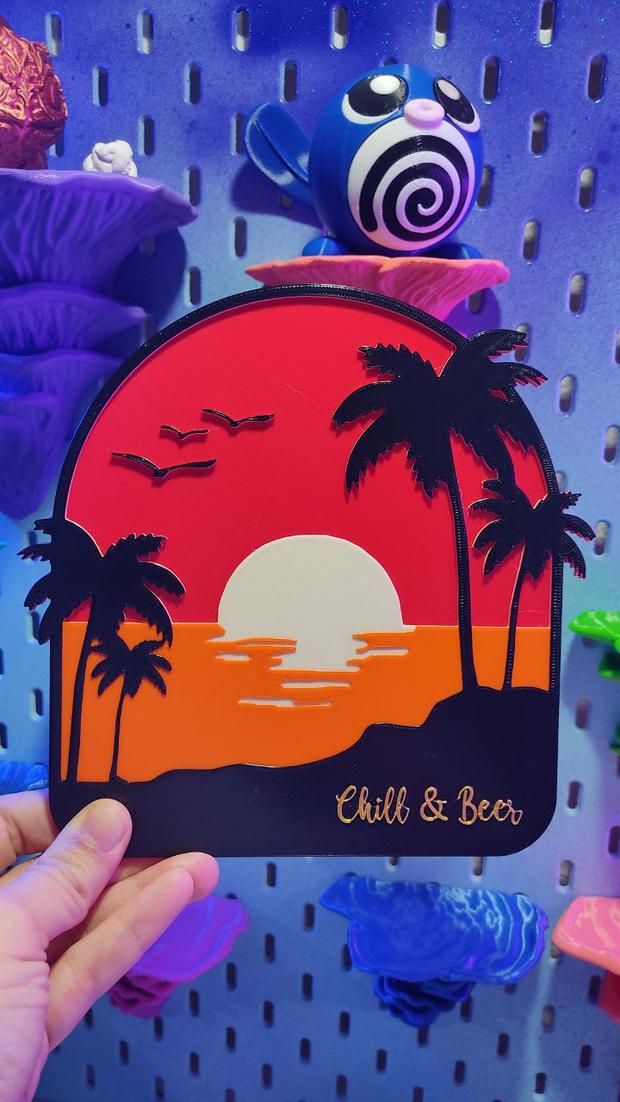 Palm tree plate with the phrase 'chill & beer' 3d model