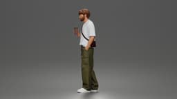 Casual Coffee Drinker Posing with Shoulder Bag Cargo Pants Sneakers 3d model