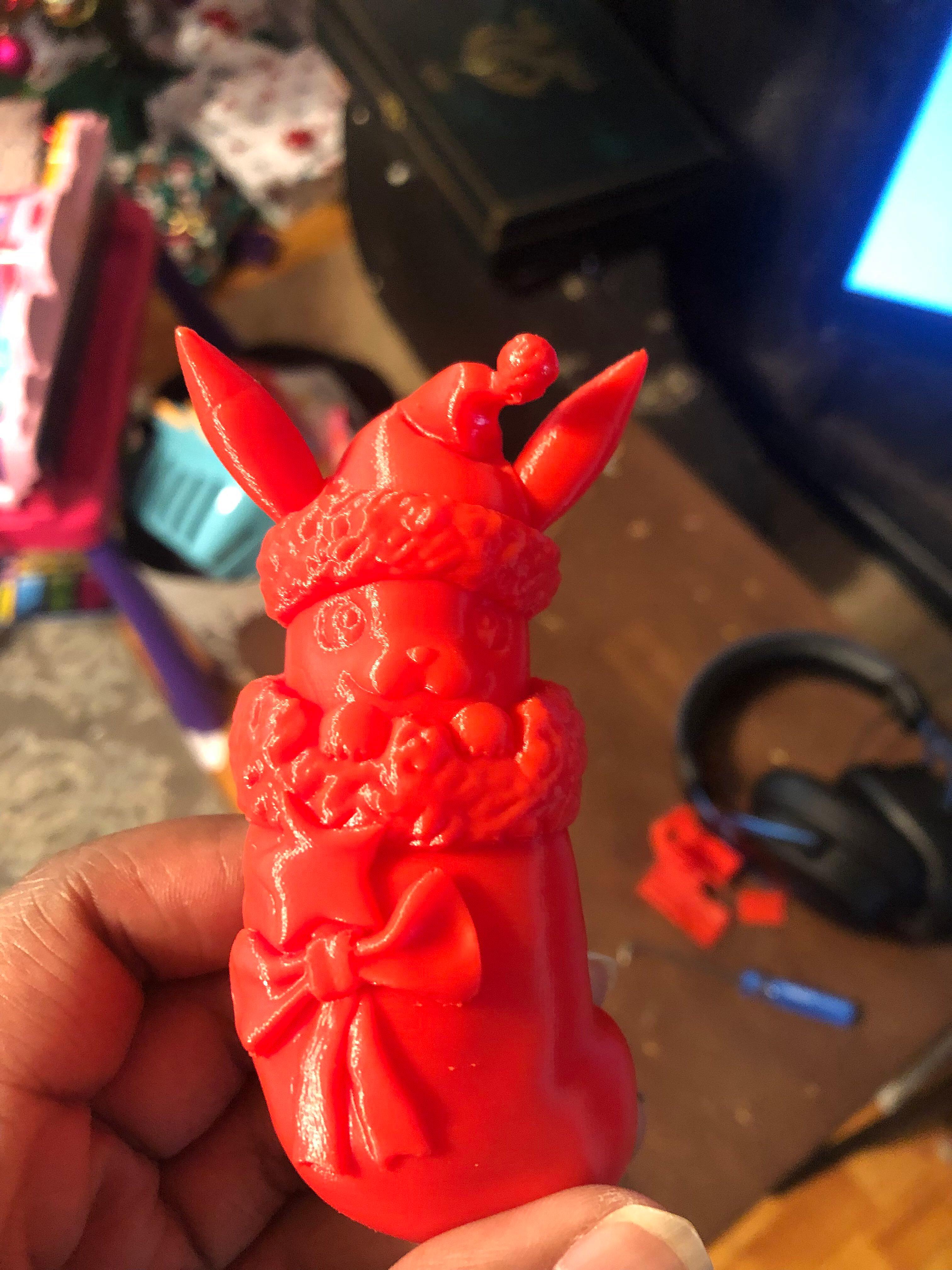 Christmas Pikachu Decoration - Printed using the suggested settings best i could in prusaslicer. Printed in one piece in CookieCad Candy Apple Red PLA. 

Printed on Pursa i3 MK3S - 3d model