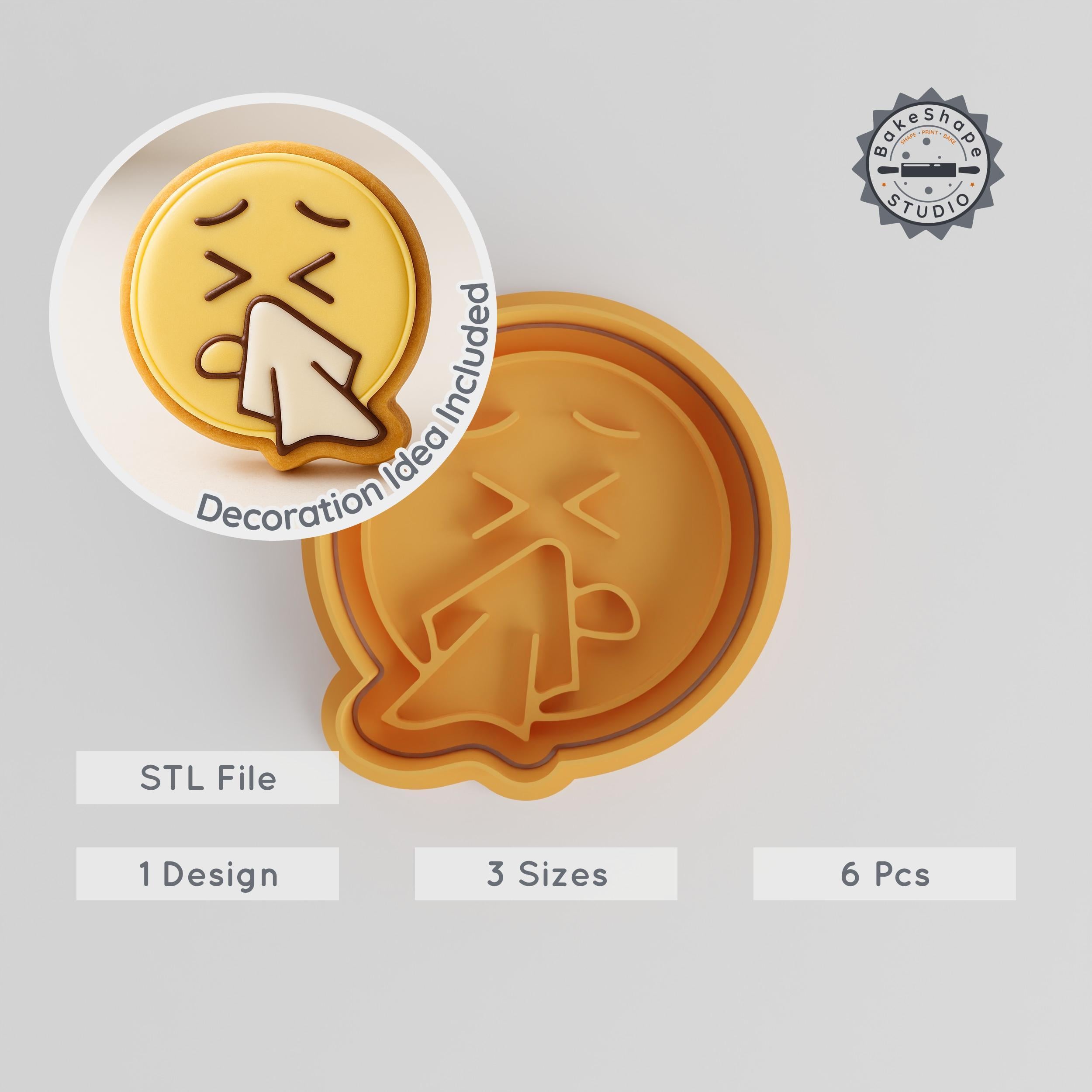 Sneeze Face Cookie Cutter & Stamp Set, Emoji Design, 3 Sizes, 6 Pieces, Perfect for Fondant PRODUCT_794 3d model