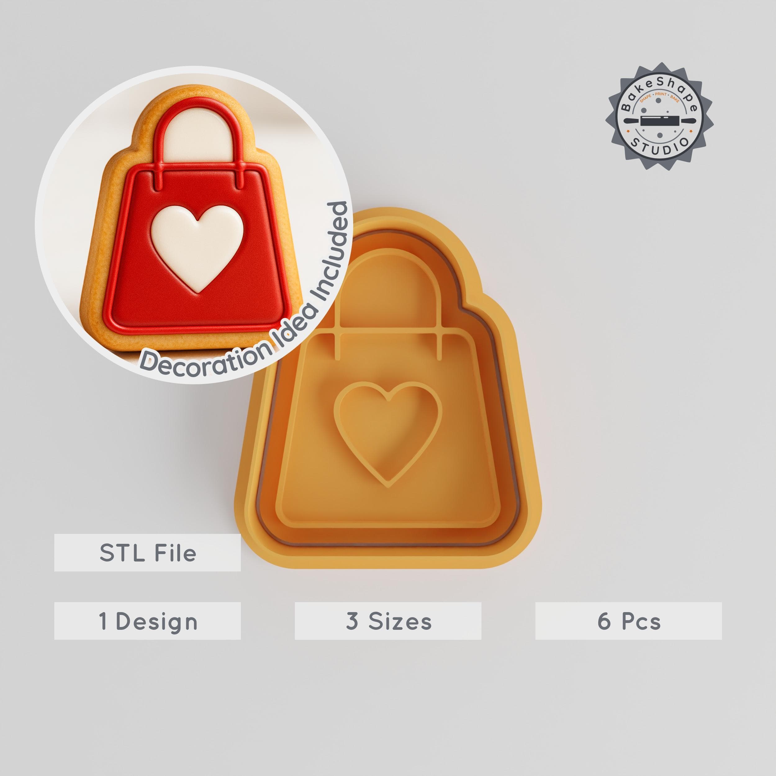 Shopping Bag Shape Cutter & Stamp, Heart Valentine Gift Cookie & Fondant Tool Set, 3 Sizes, S/M/L PRODUCT_222 3d model
