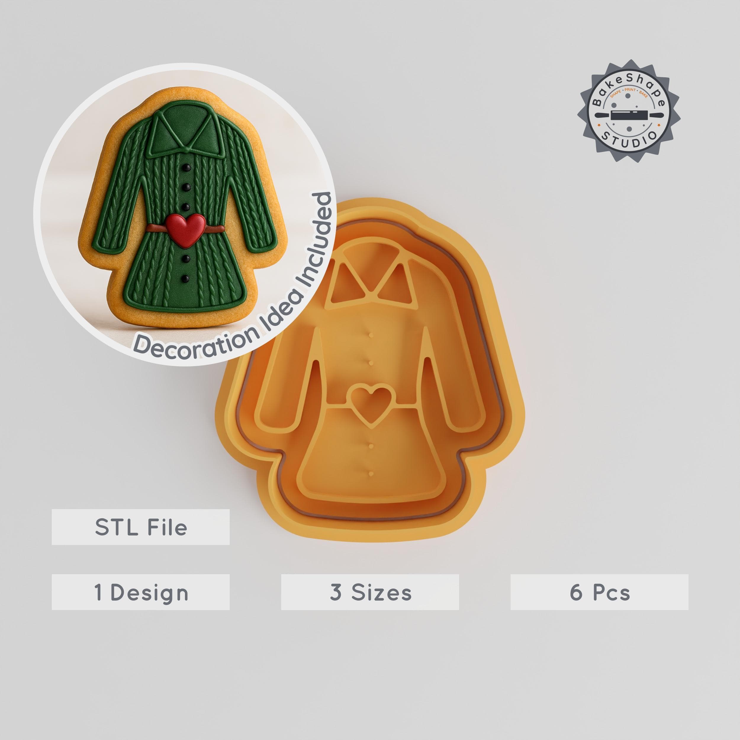 Woolen Coat Shape Cutter & Stamp, Cookie & Fondant Tool, Sizes S/M/L, 6-Piece Set PRODUCT_210 3d model