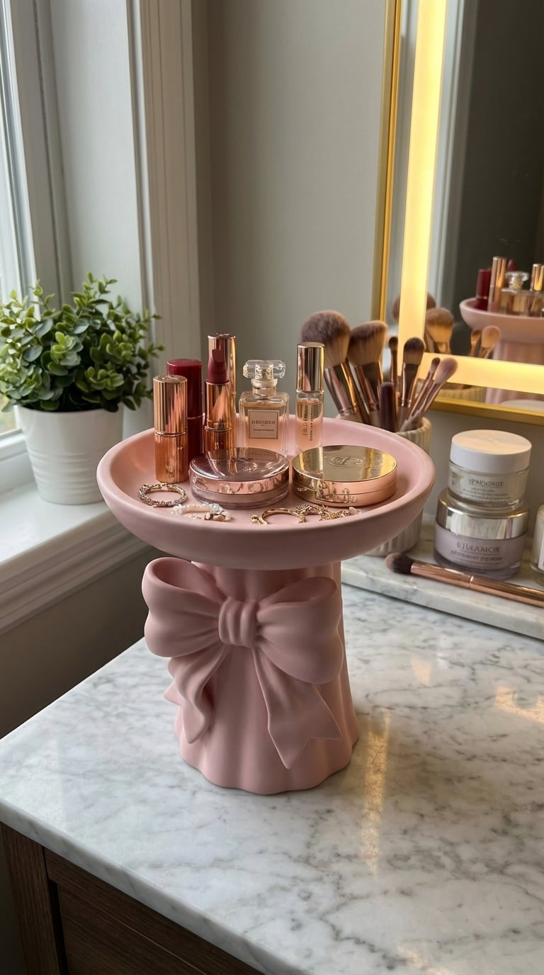 Coquette Aesthetic Pink Bow Vanity Pedestal Tray – Elegant Makeup & Jewelry Organizer Display Stand 3d model