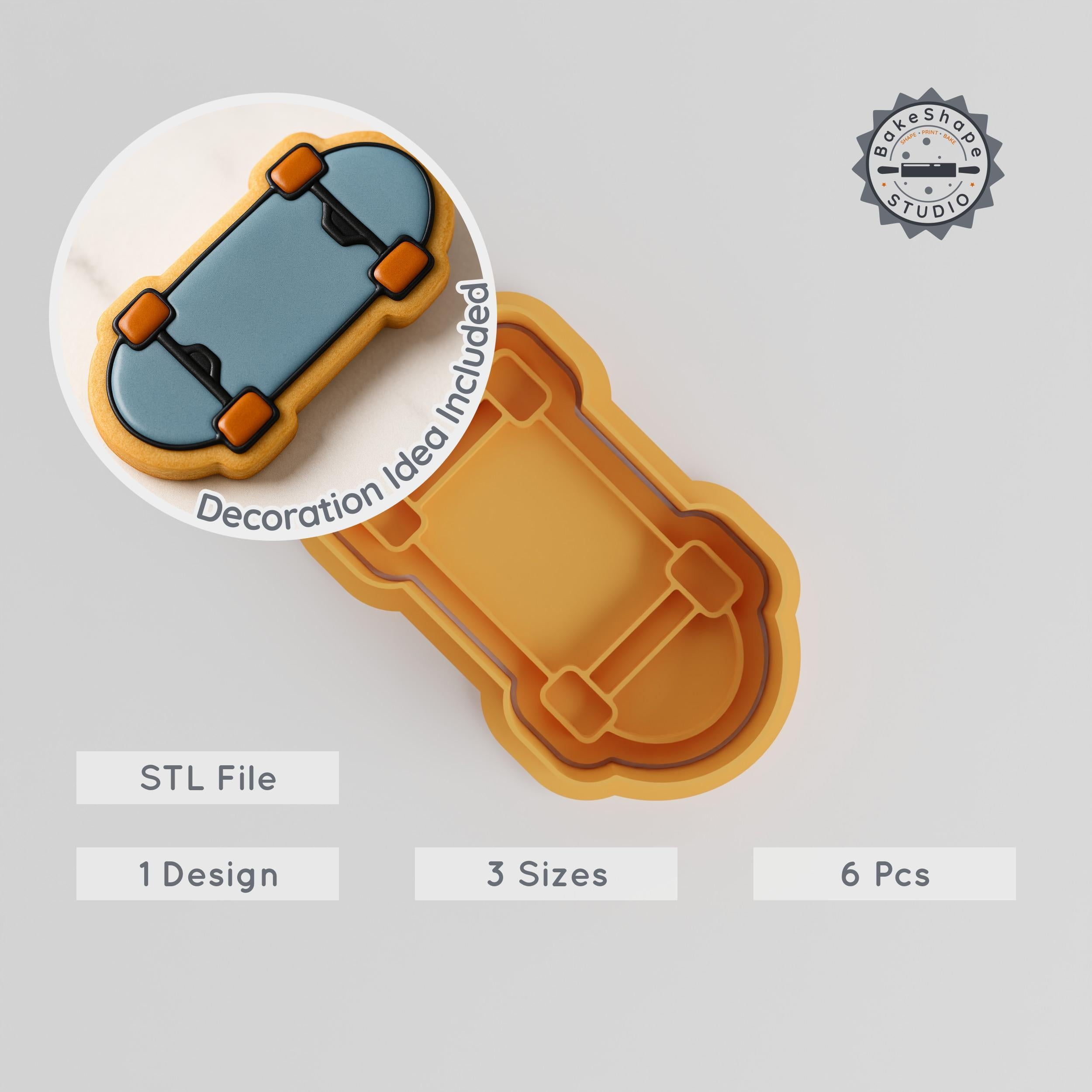 Skateboard Shape Cutter & Stamp Set, Perfect for Cookies & Fondant, 3 Sizes, 6 Pieces, Sports & Skateboarding Design PRODUCT_594 3d model