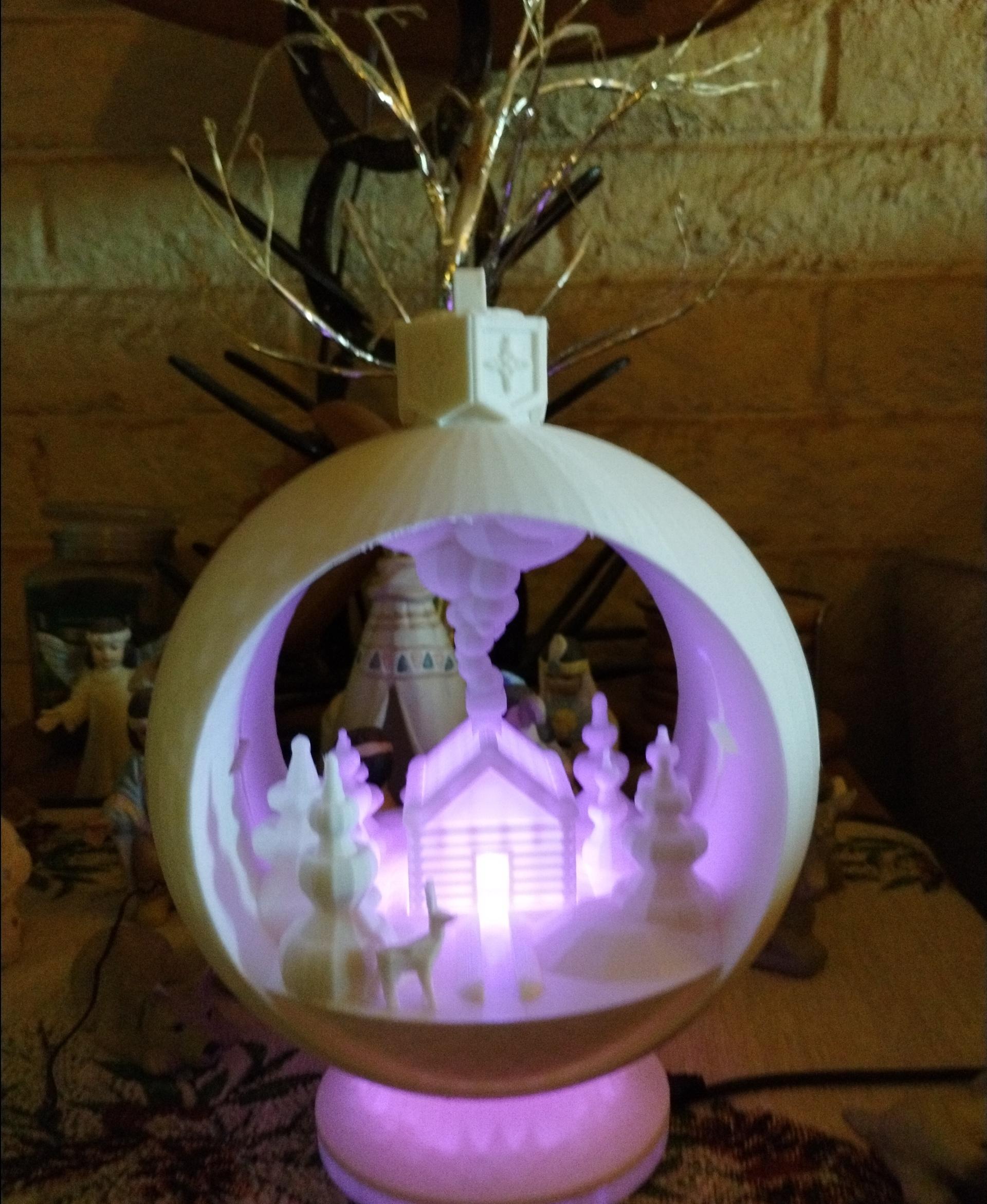 Snow Globe Votive Ornament - Winter Cabin - Made this for my mom for Christmas. My fiance designed a base that fits up in side it. That's where I put the lights!! I also blew it way up. - 3d model