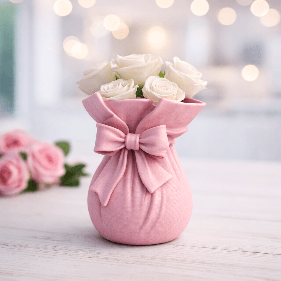 Ribbon Bouquet Vase | Elegant Flower Bag Vase with Bow | Romantic Home Valentine Decor 3d model