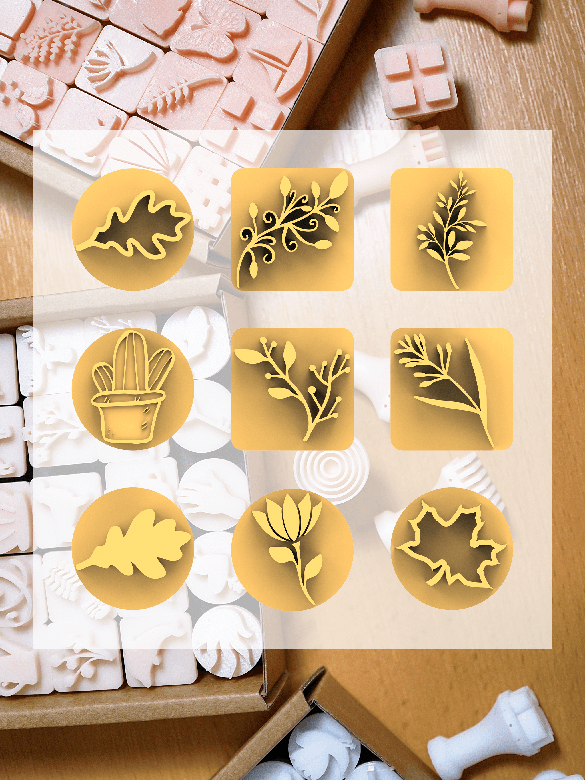 Ceramic Clay Stamp Set – Plants & Leaves (9 Stamps, 20 mm) 3d model