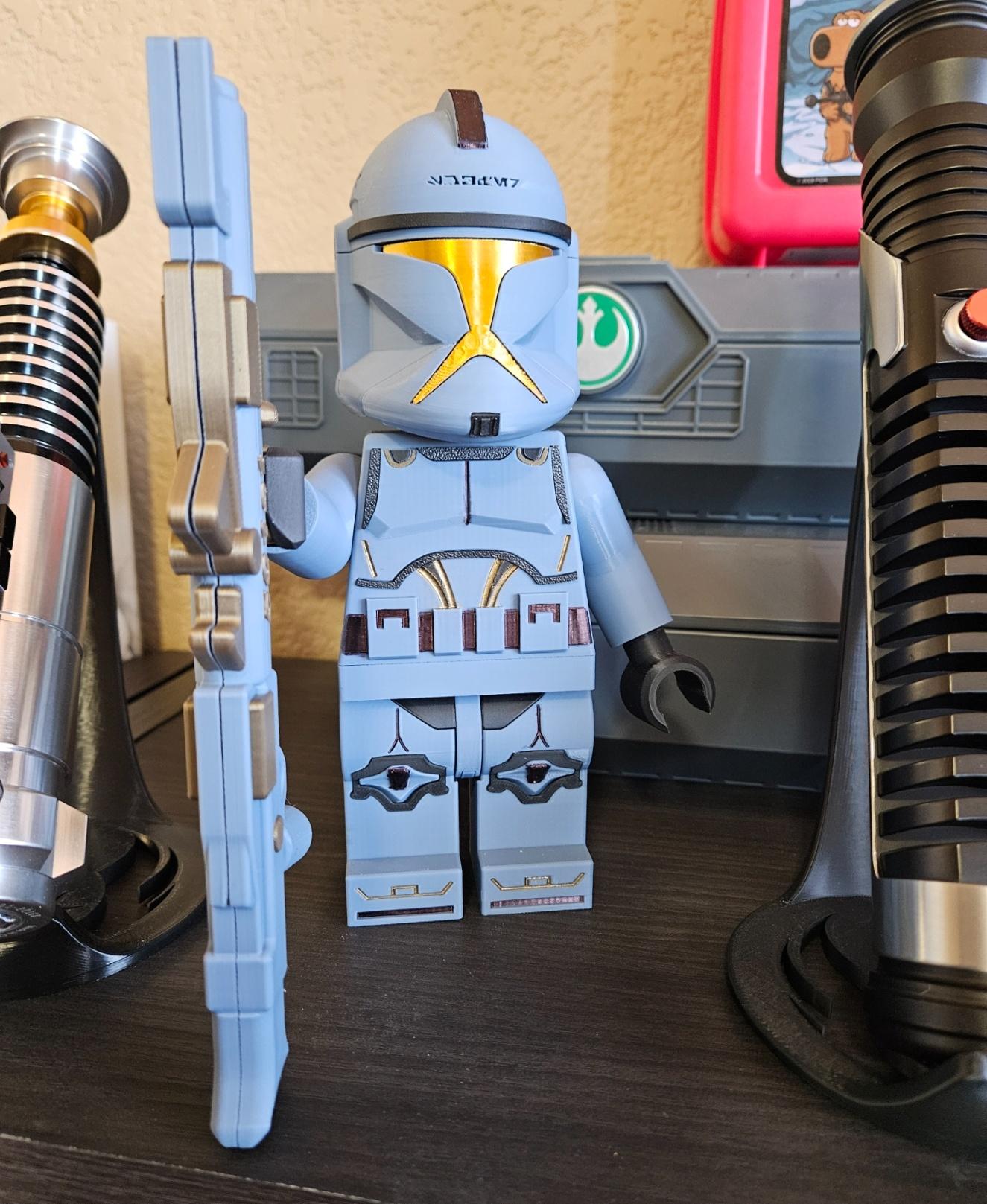Clone Trooper - Phase I (6:1 LEGO-inspired brick figure, NO MMU/AMS, NO supports, NO glue) - Great models, even more fun to print. I modded mine into a "501st Senate Trooper". Granted Senate Guards aren't troopers or in the 501st. And, similar stuff for the 501st Clone Troopers. Just a fun idea I came up with. - 3d model