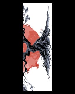 A set of bookmarks of the tree of life set against a blood red sun 3d model