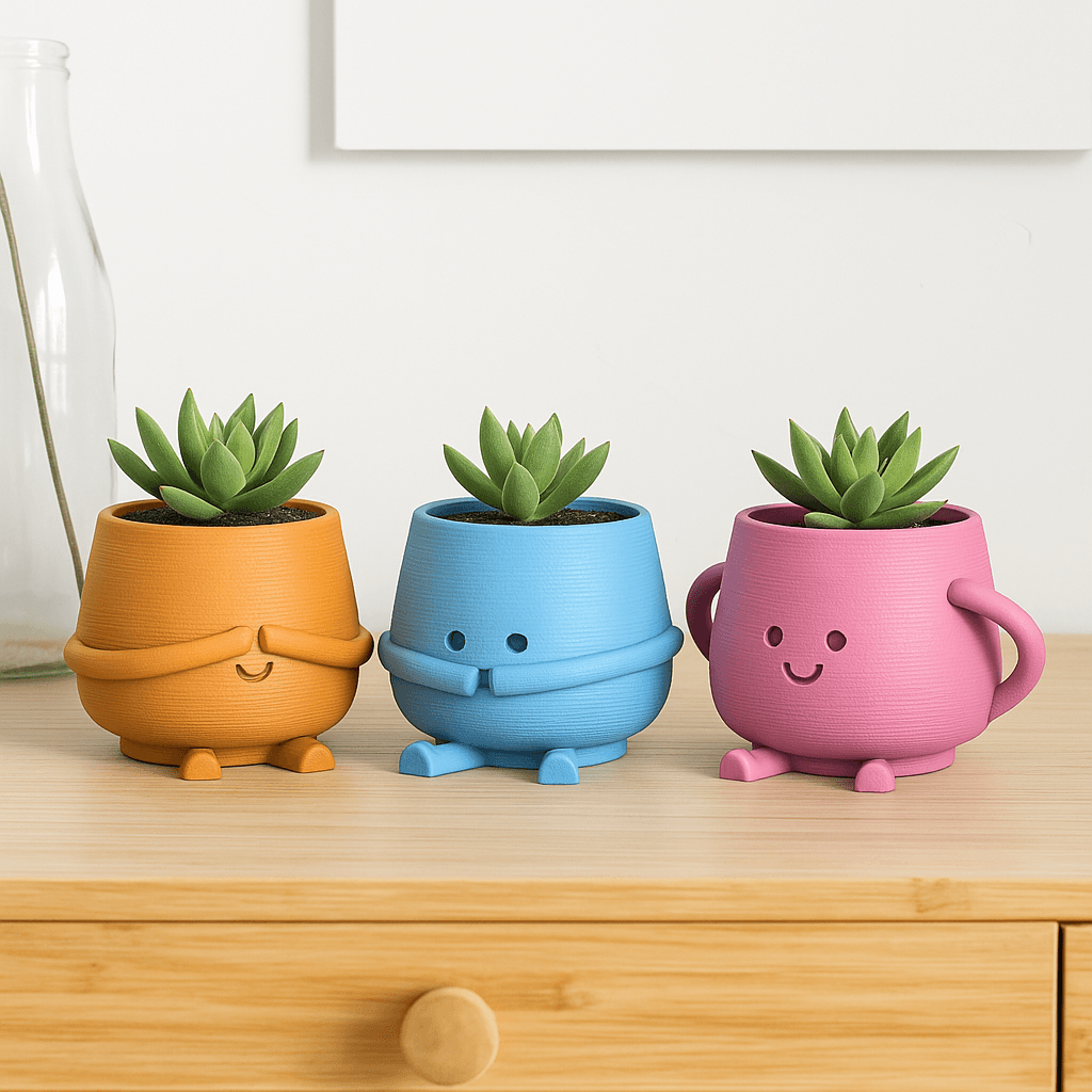 Happy Face Planter Set, 3D Happy Pot, See Hear Speak No Evil Themed, Book - Coffee Buddy, Cute Smile 3d model