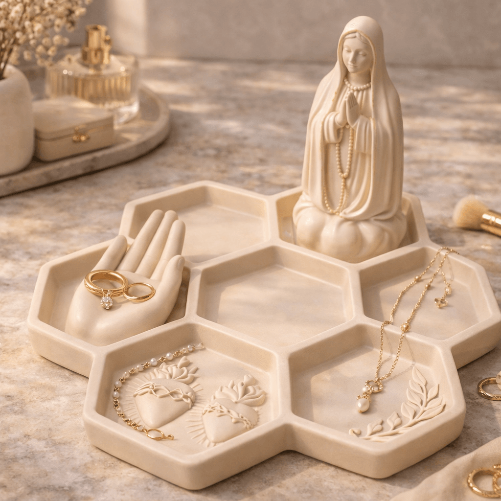 Virgin Mary Hexagon Jewelry Tray STL – Catholic Rosary Holder, Ring Dish & Christian Organizer 3d model