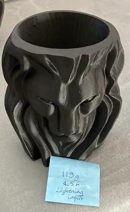 This was a bit of an experiment. I printed the model twice, first with grid infill and then with lightning infill. Lightning printed more than twice as fast with 60% less filament. Both were watertight. (The gold eyes on the grid print were painted on). 3d model