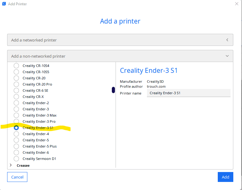 Adding the Ender 3 S1 printer profile in Cura 5 or 4.13 3d model