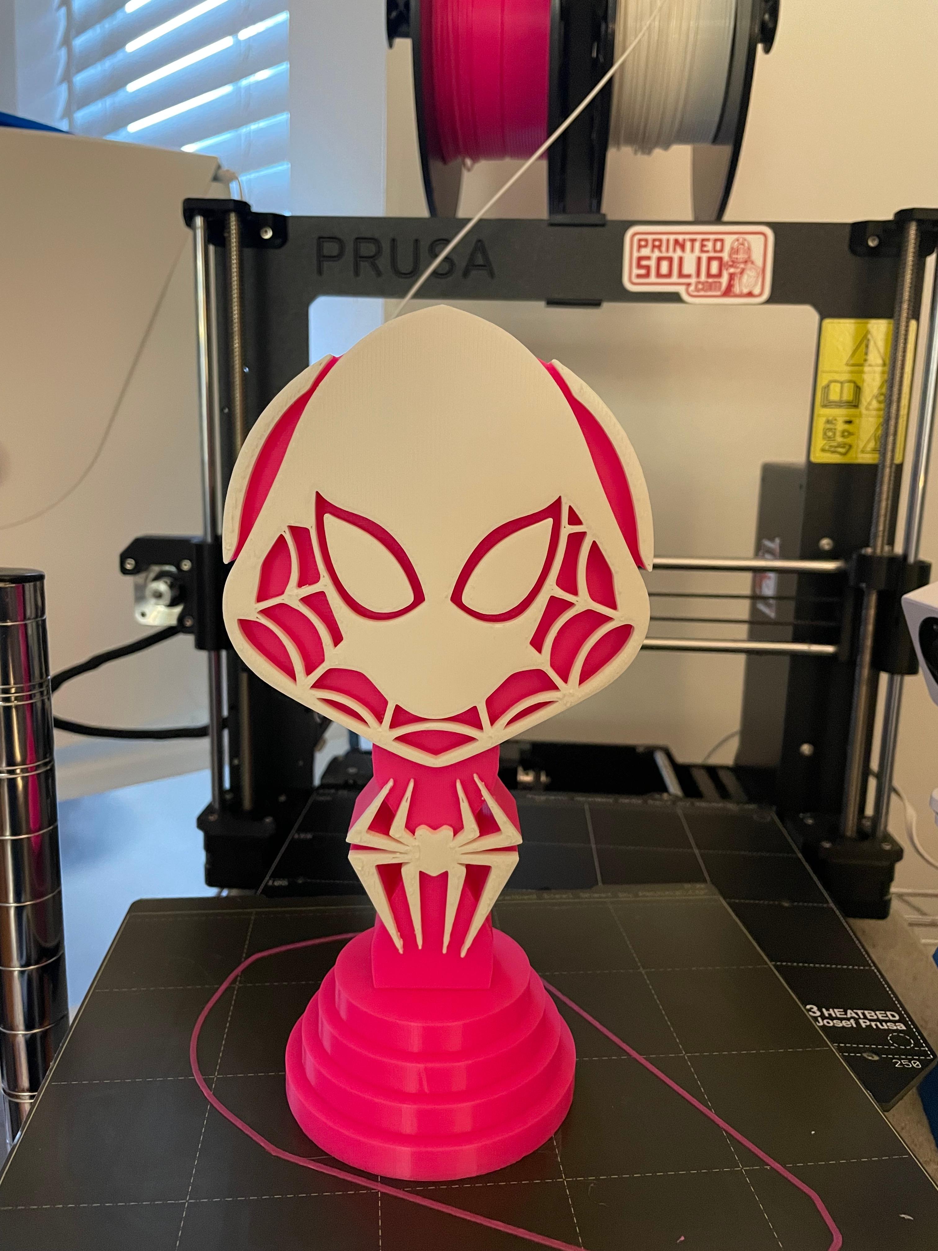 Spider Gwen Headphone Stand - Spider-Gwen is one of my favorite Spider characters, i just had to print this! 

Printed on a Prusa Mk3s+ with a .6mm nozzle and .2mm layer height. Printed in American Filament's Neon Pink and Printed Solid's Jessie Quarter White PLA. - 3d model