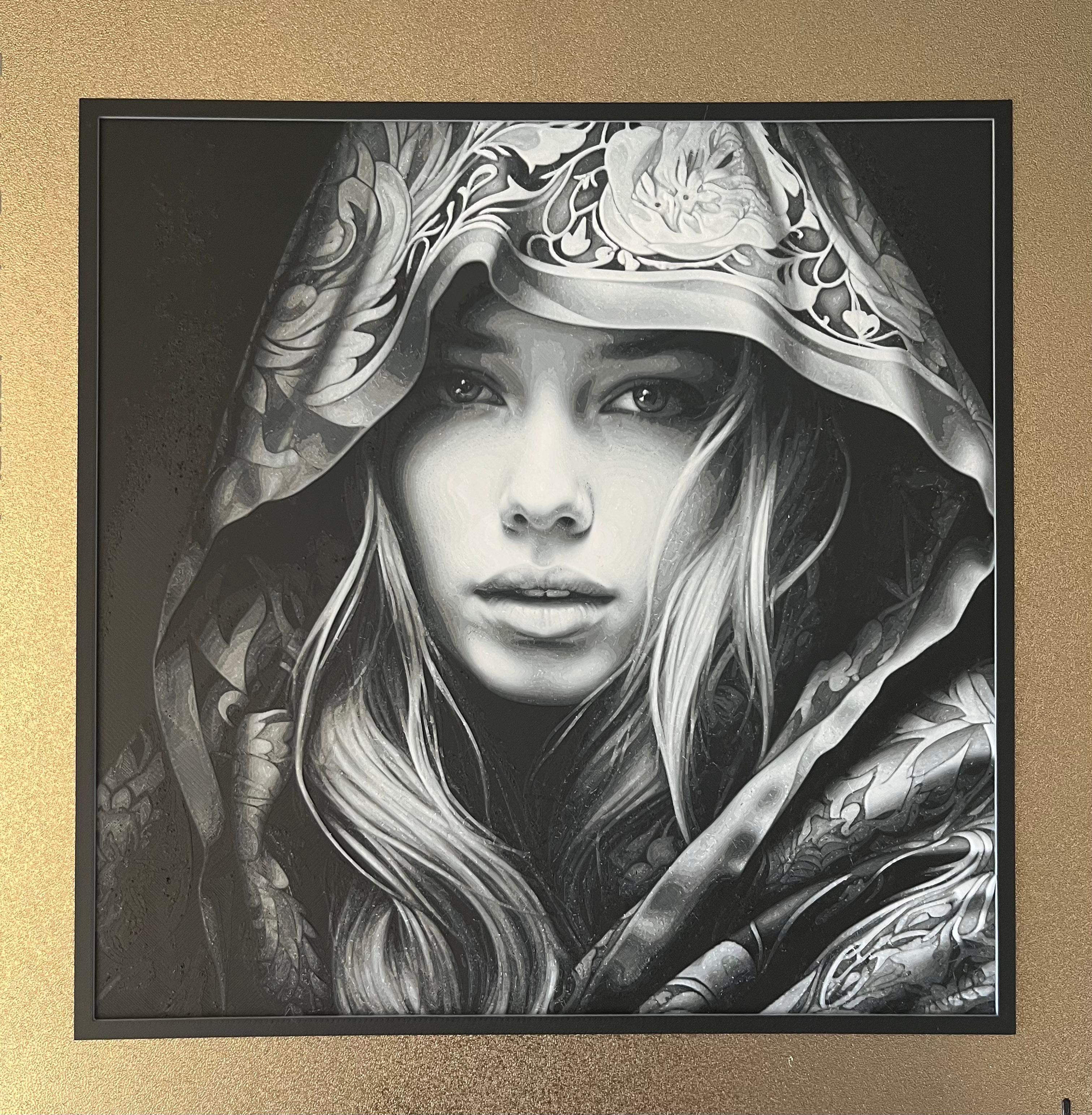 Hooded Female Greyscale Portrait 'Filament Painting' 3d model