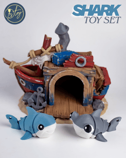 Articulated Shark Set & Sunken Ship House 3d model