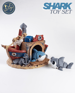Articulated Shark Set & Sunken Ship House 3d model