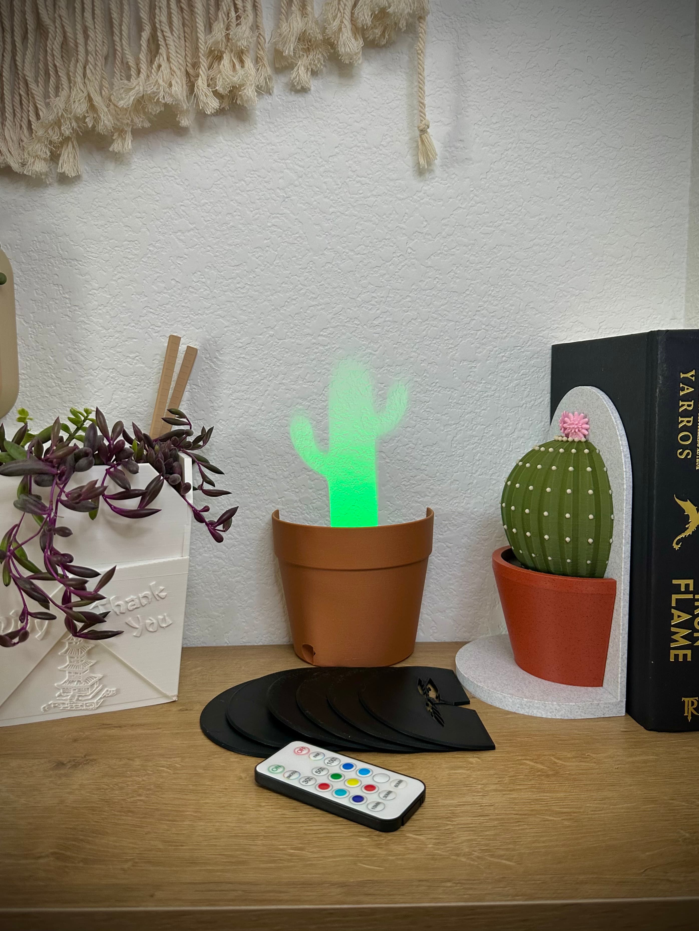 I love these lights! They’re easier than I expected to put together and turned out great with white lights and rgb lights. They work great against a wall or even as bookends. I used Bambu matte black for the shape disk and ovv3d wood filament for the pot