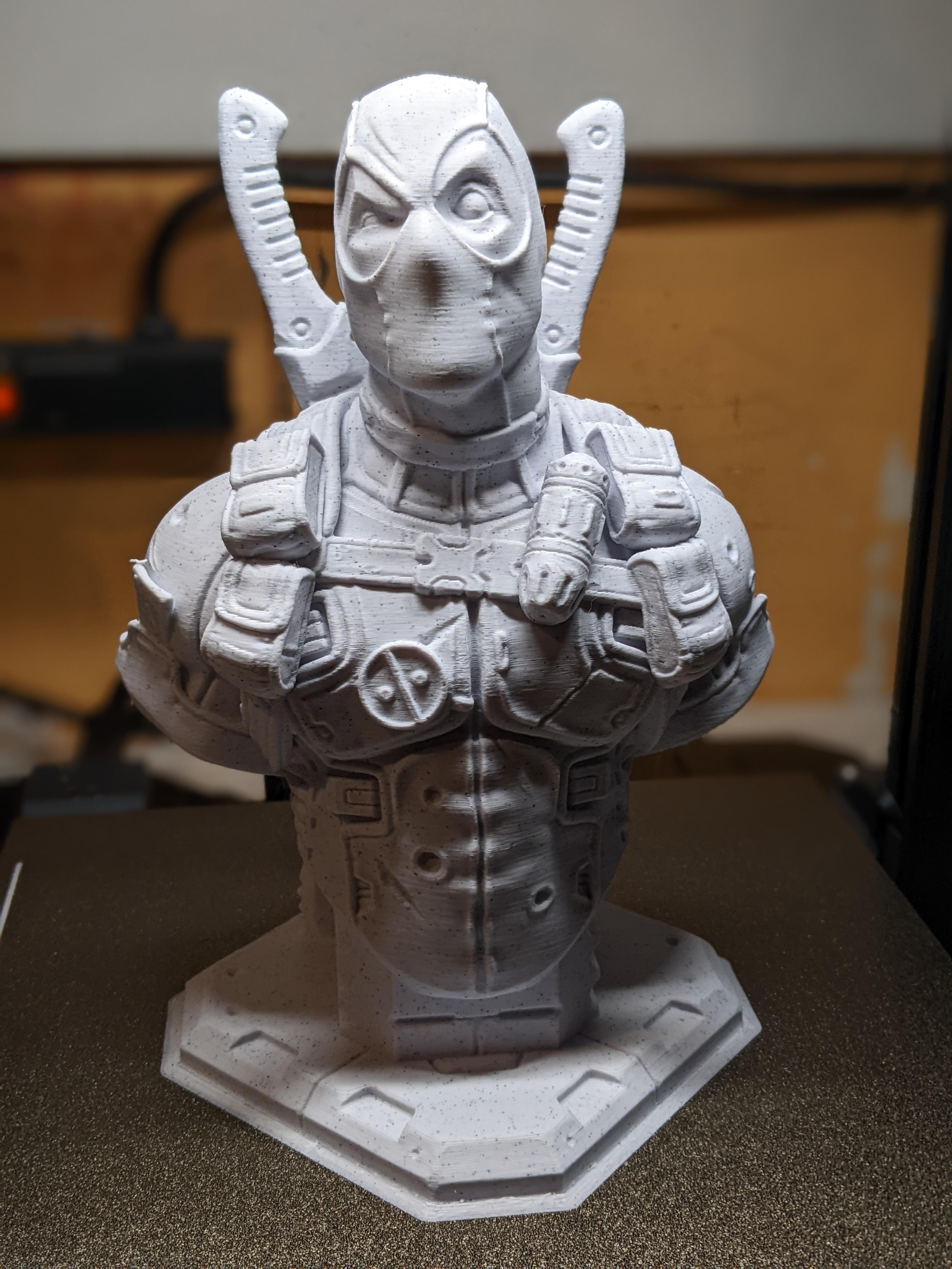 Deadpool bust (Remastered Supportless Edition) (fan art) - Polymaker white marble, 0.2mm, Favourite thing I have printed so far. - 3d model