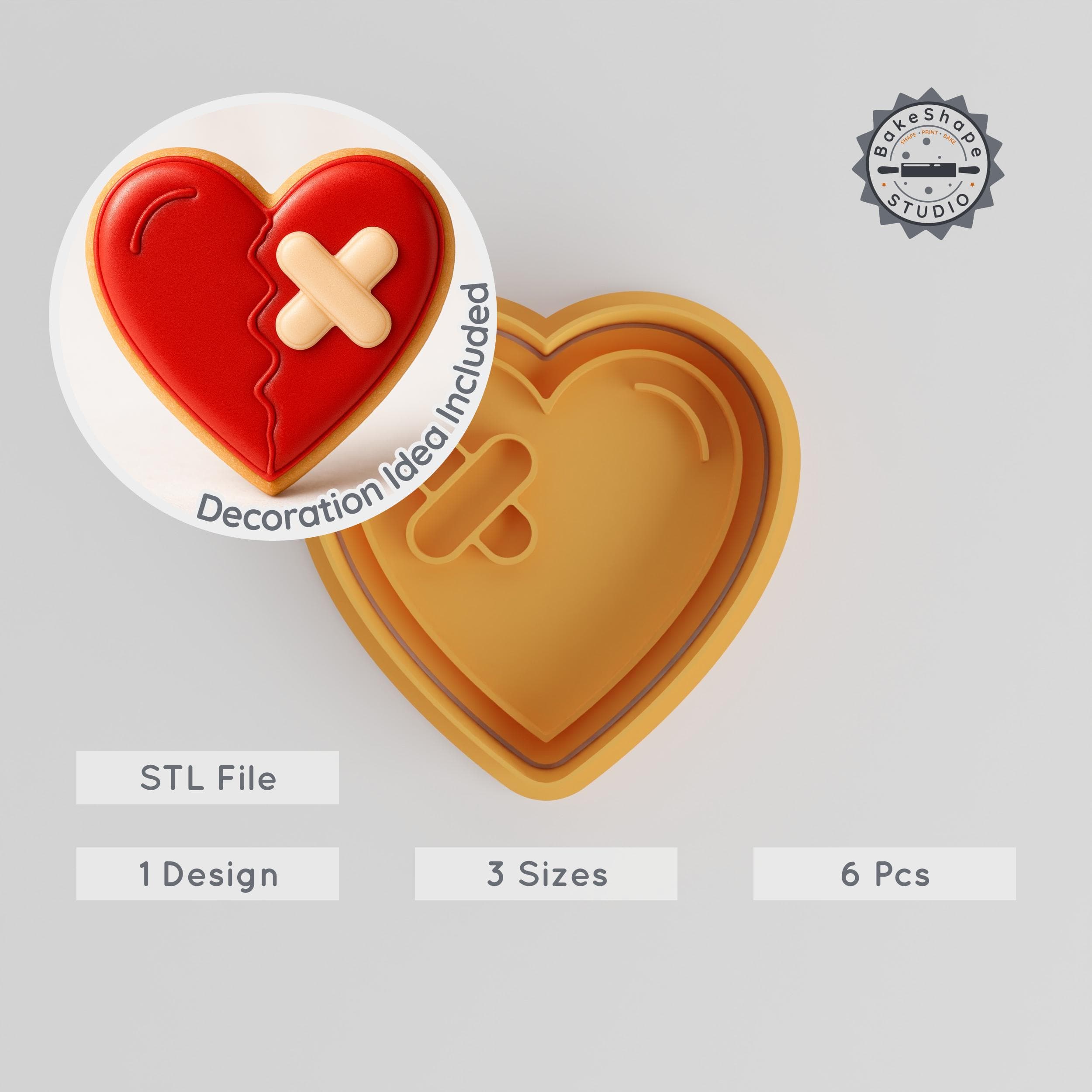 Broken Heart Shape Cutter & Stamp Set, Cookie & Fondant Mold, Heartbreak Designs, 6 Pieces, S/M/L Sizes PRODUCT_198 3d model