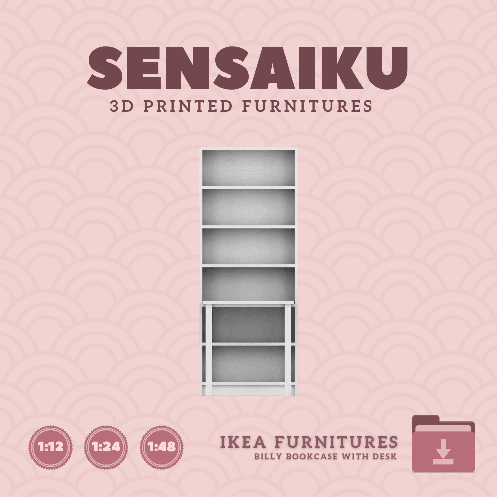 Miniature Replica 15. Billy Bookcase with Desk for Miniature Dollhouse IKEA 3D Print (1:12,24,48) 3d model