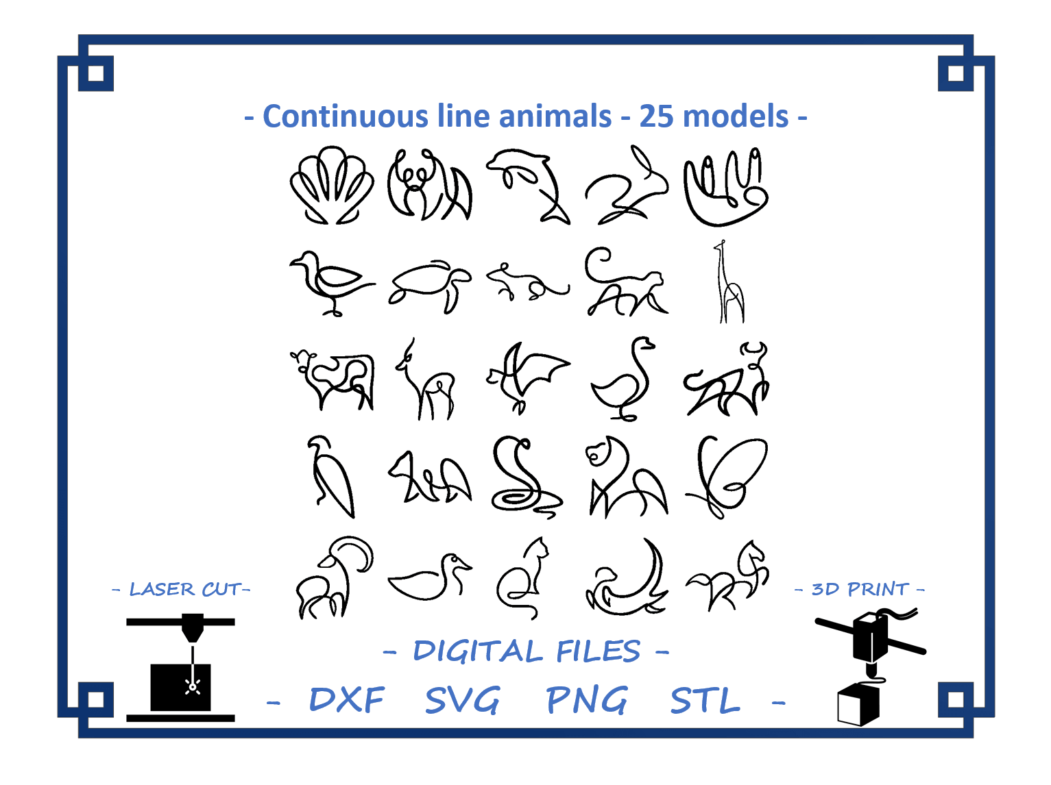 Continuous line animals - 25 models 3d model