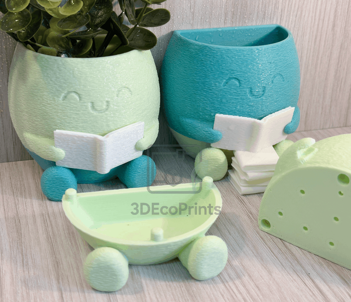 Wall Reading Buddy Planter STL with Tray | Flat Back Book Pot | Desk Shelf Decor 3d model