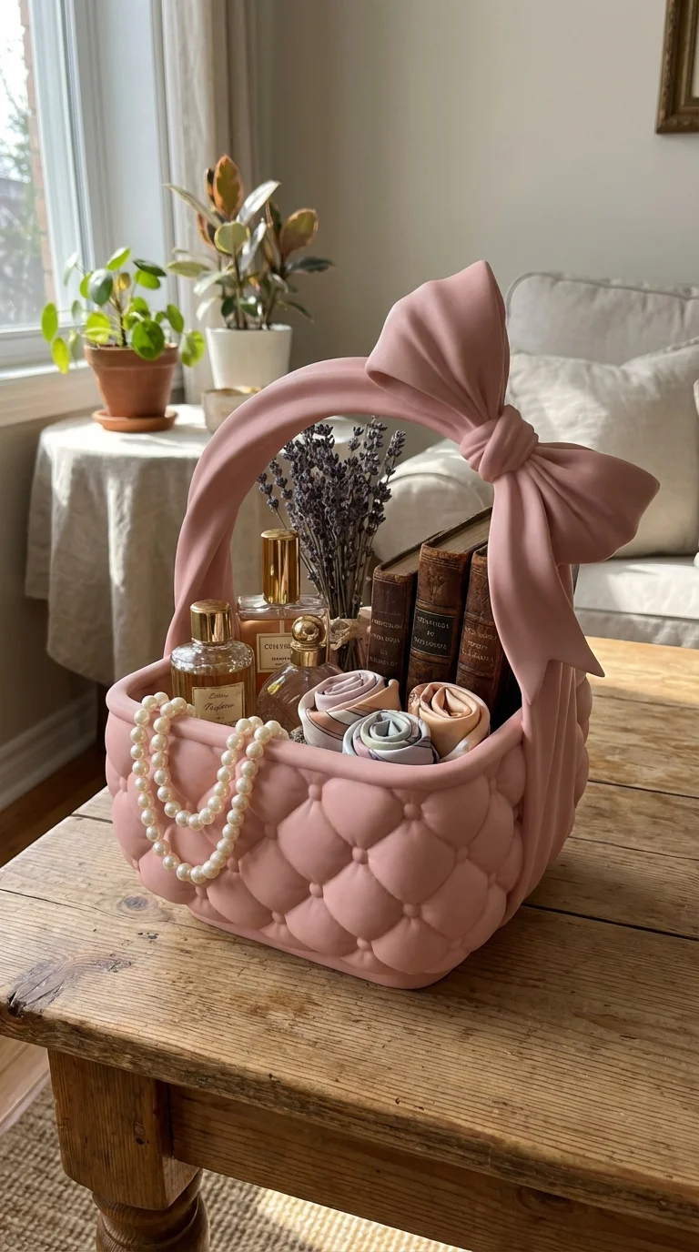 Quilted Bow Basket Organizer - Coquette Aesthetic Catchall & Decorative Vanity Tray 3d model