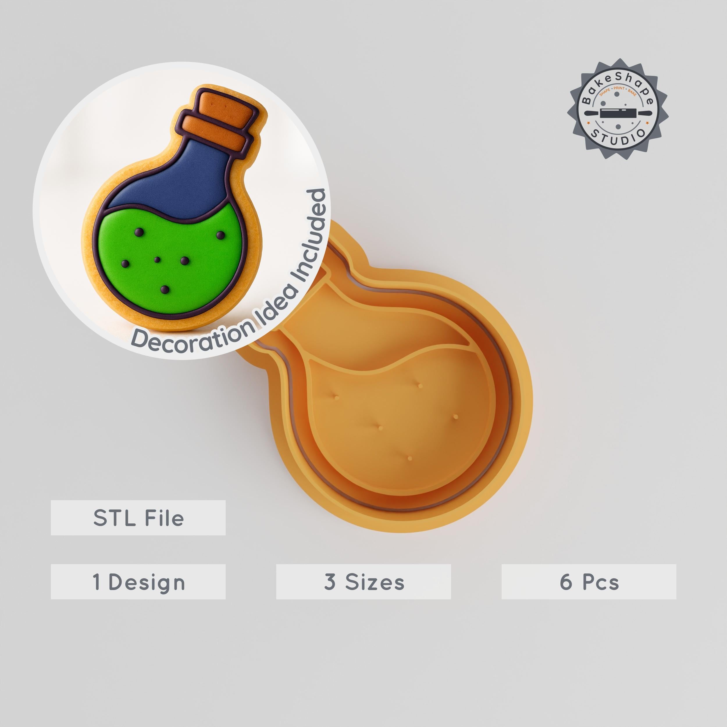 Potion Shape Cutter & Stamp, Cookie & Fondant Tools, 3 Sizes, Magic Bottle, Elixir Flask, Alchemy Set, Enchanted Brew Design PRODUCT_241 3d model