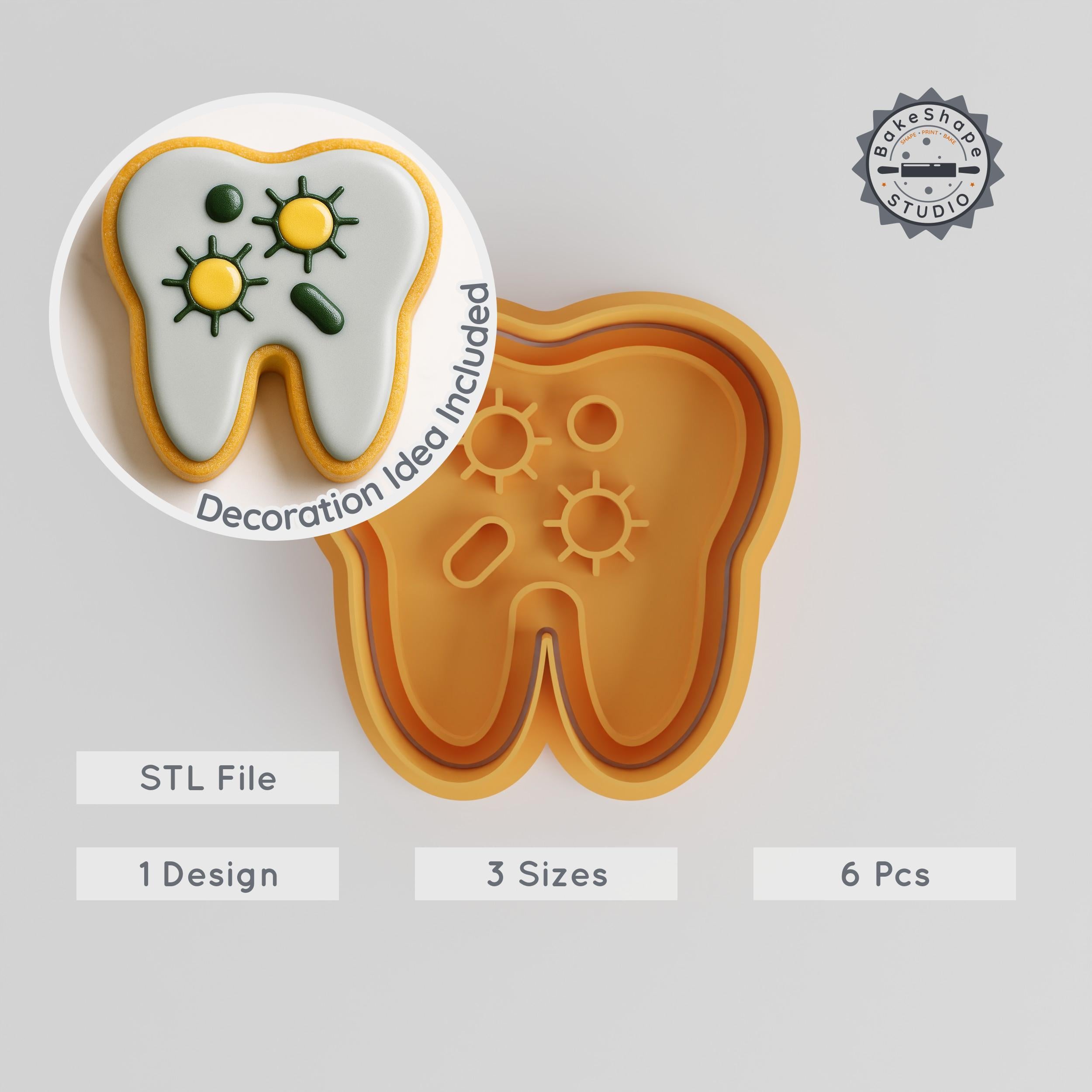 Bacteria Shape Cutter & Stamp Set, Cookie & Fondant Decoration, Dental Hygiene Theme, 3 Sizes S/M/L, 6 Pieces PRODUCT_490 3d model