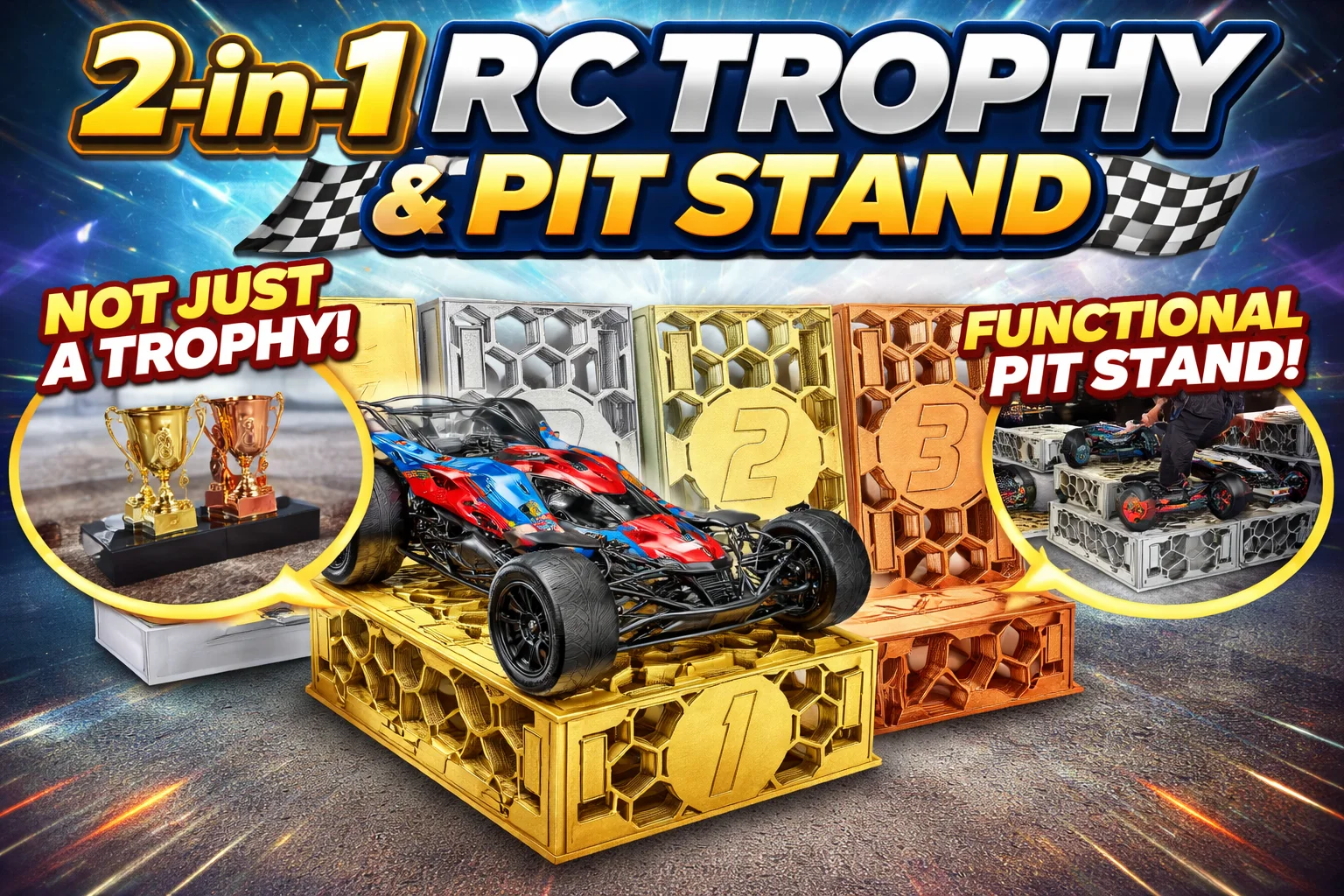 RC Racing Trophy Pit Stand – 2-in-1 3D Printable RC Car Stand and Award Cup 3d model