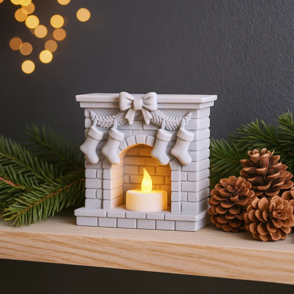 Fireplace Candle Holder | Christmas Stocking Decor | Holiday Mantel Miniature | LED Tealight 3d model
