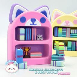 Kawaii Kitty Bookcase + Sleepy Kitty & Star Trophy 3d model