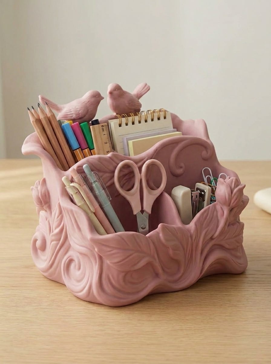 Coquette Bird & Filigree Desk Organizer | Grandmillennial Stationery Caddy 3d model
