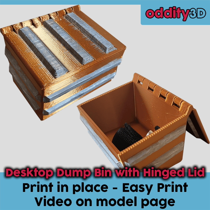 Desktop Dumpster Bin With Print In Place Hinged Lid (easy, no support) 3d model