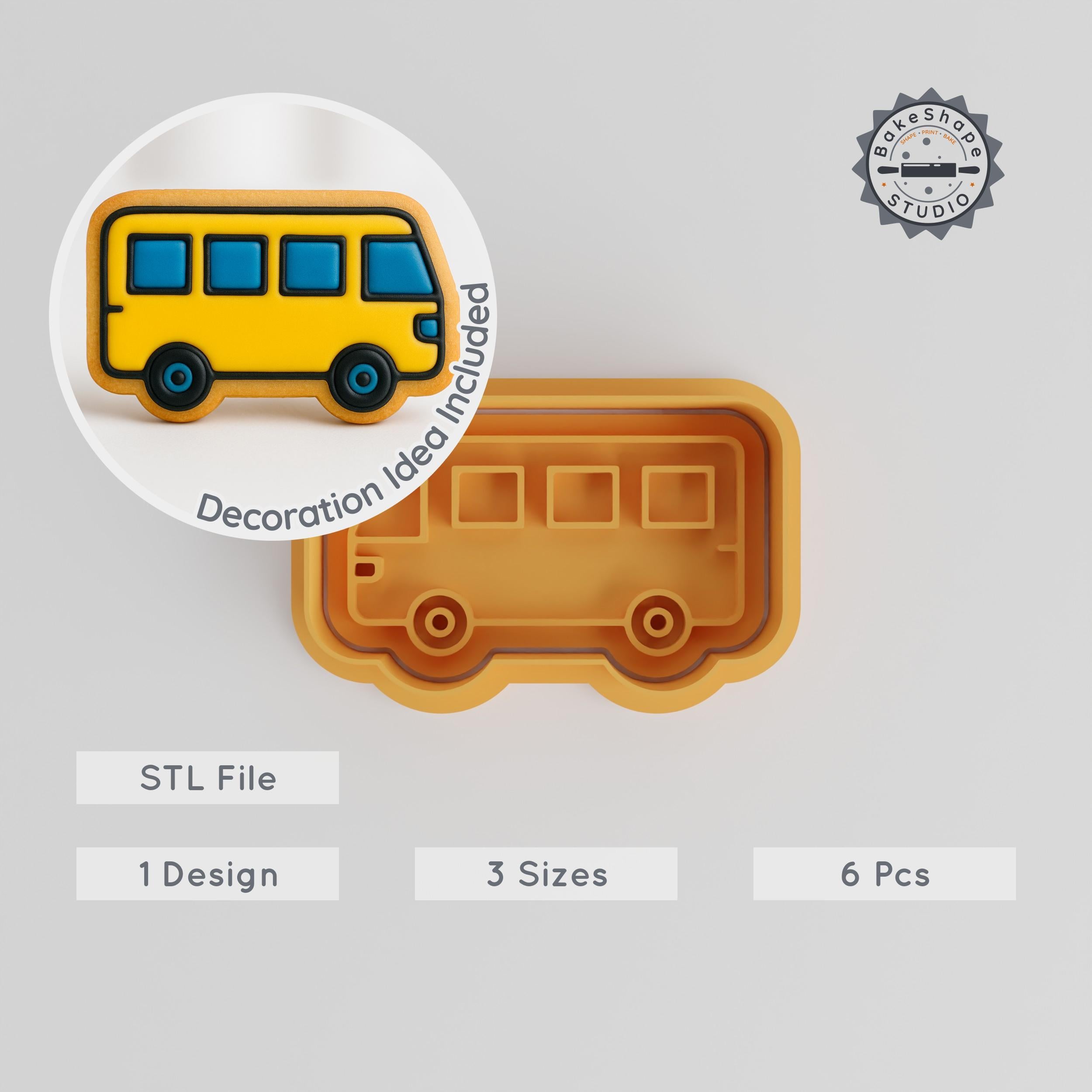 Bus Shape Cutter & Stamp Set, Cookie & Fondant Decorating, Public Transit, Passenger Vehicle, 3 Sizes, 6 Pieces PRODUCT_78 3d model