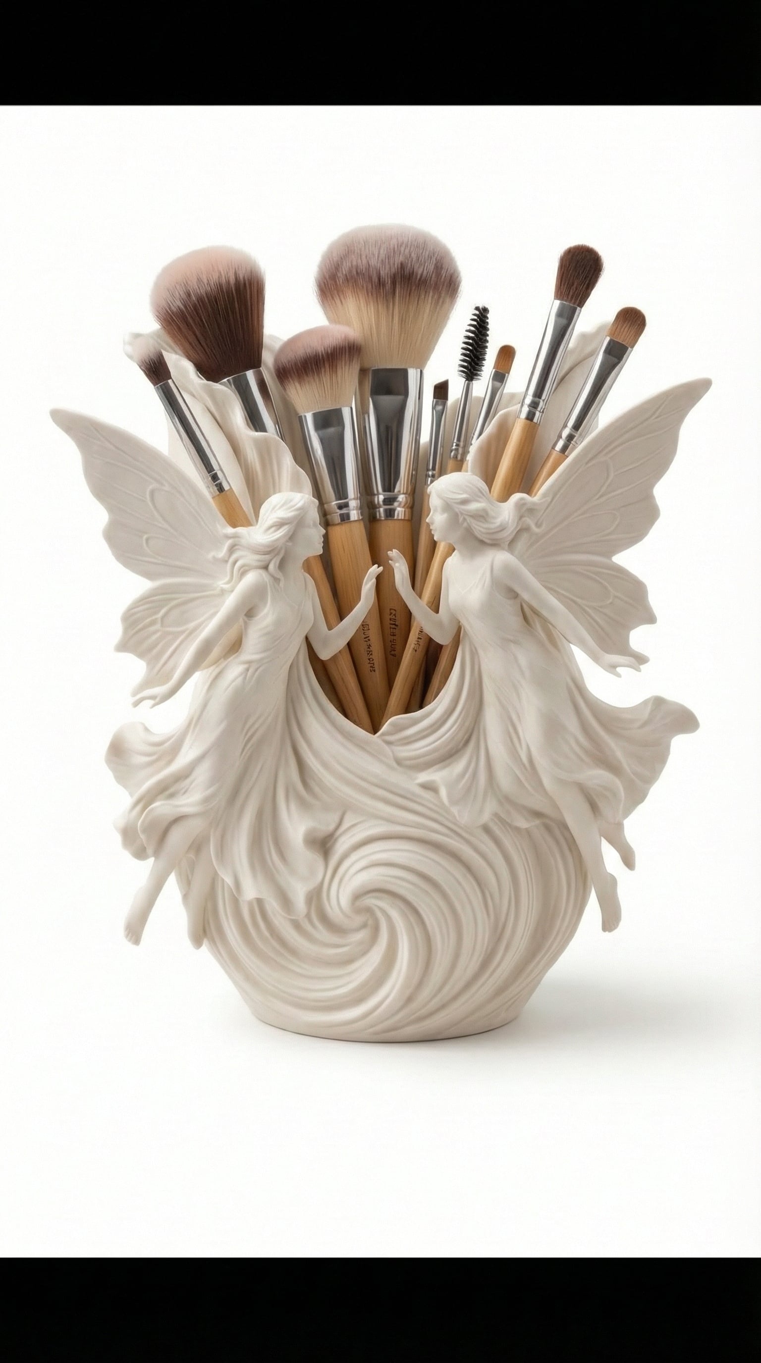 Celestial Twin Fairies Makeup Brush Holder & Vanity Organizer - Sculptural Art STL 3d model